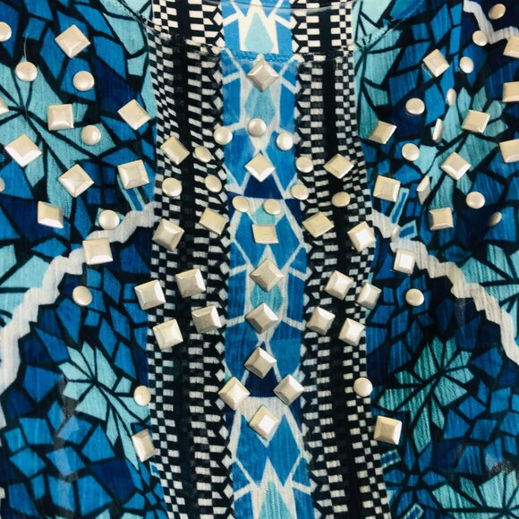 New Style Co Sleeveless Maxi Dress Sz Medium Blue Mandala Print Studded Detail - Picture 6 of 12